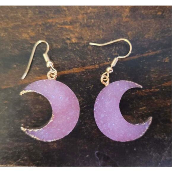 New Moon Geode Amethyst Dangle Earrings Gold Crystal‎ Quartz Stone Druzy Pink - Picture 2 of 2